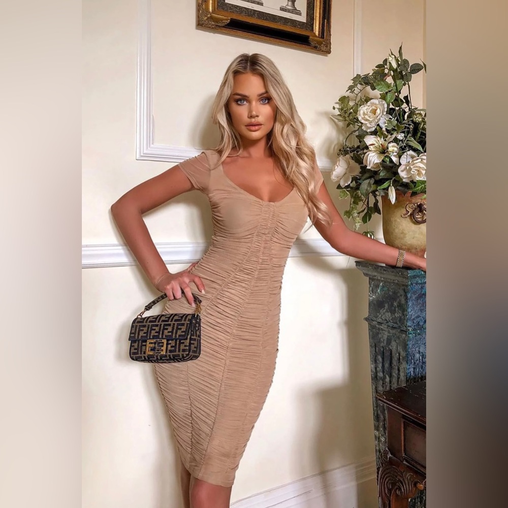 Nude Ruched Midi Dress